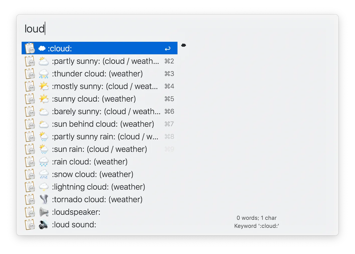 Selecting a snippet with the snippet hotkey search